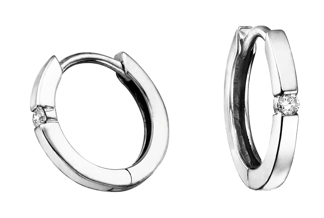 10K White Gold Small Hoop Diamond Earrings 0.04CTW.