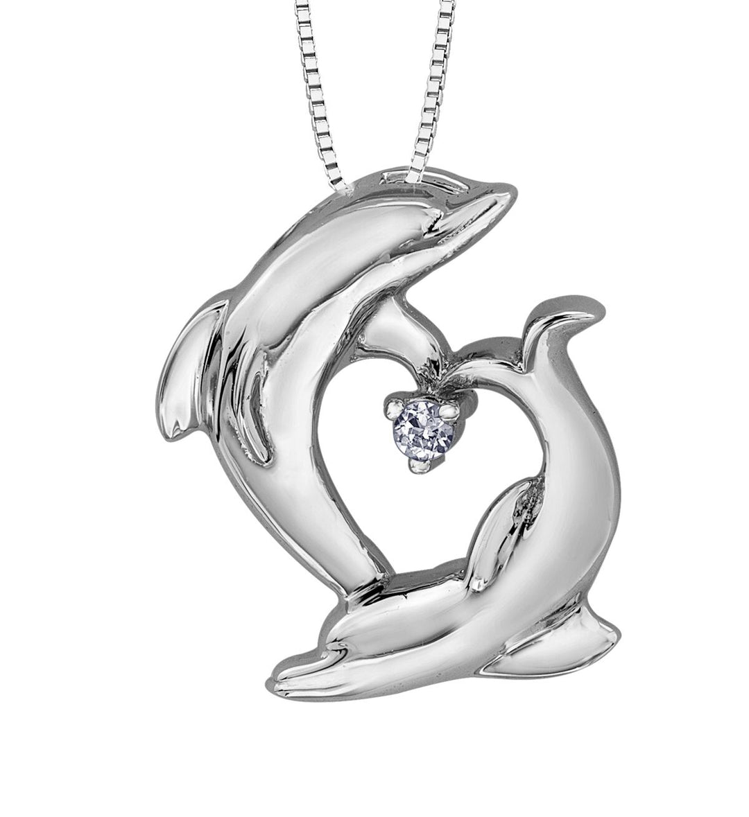10K White Gold Dolphins Diamond Pendant 0.07CTW.