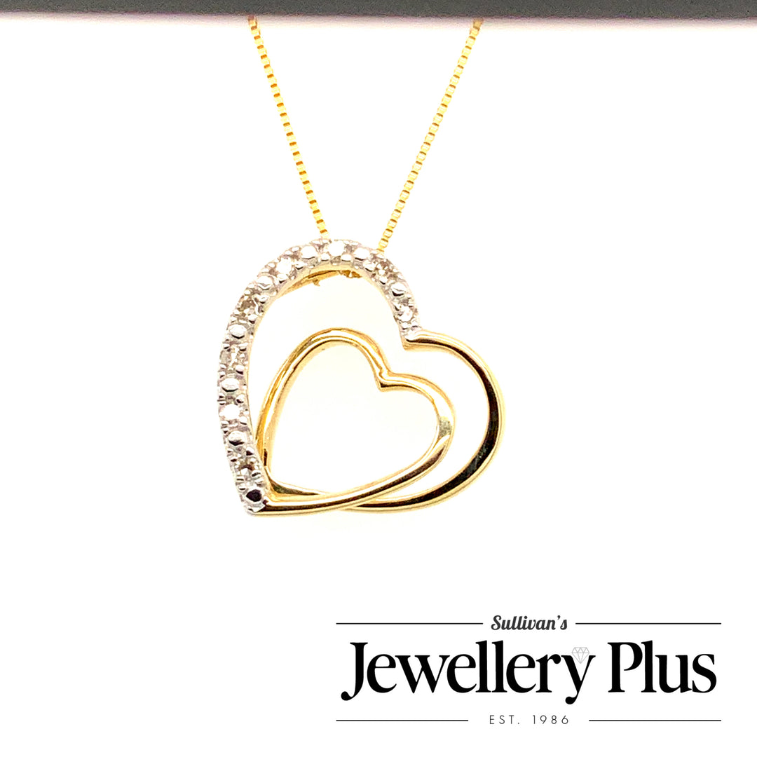 10K Yellow Gold Double Heart Diamond Pendant CTW.